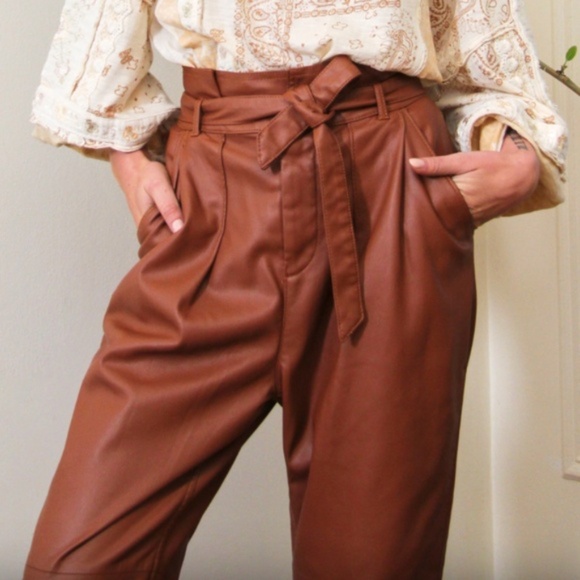 Free People Pants - Free People Brown High-Waist Faux Leather Paperbag Pants